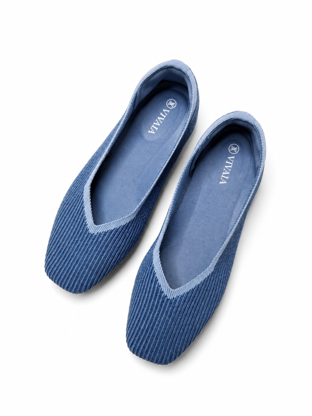VIVAIA Size 37.5 Women's Denim Blue Ribbed Slip-On Flats with Cushioned Insole